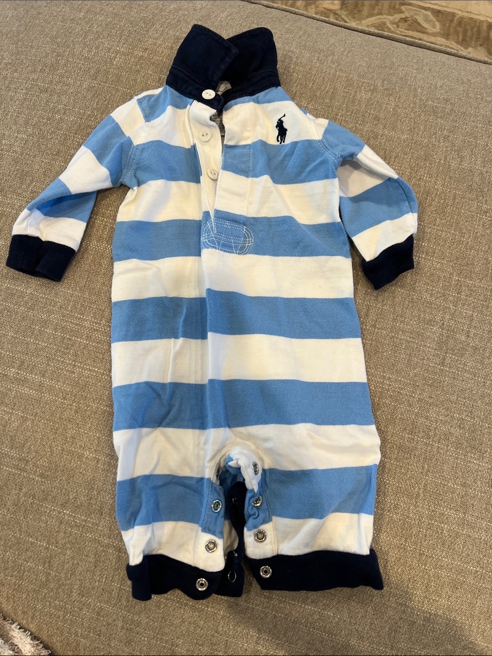 Polo by Ralph Lauren Light Blue & White Striped Baby Footie with Navy Trim